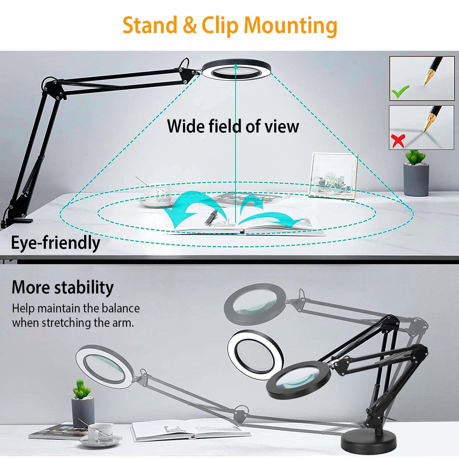 LED Magnifier Desk Lamp with Clamp - 8X Swing Arm - Image 3