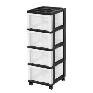 4-Drawer Narrow PlasticStorageDrawer Cart with Organizer Top, Black