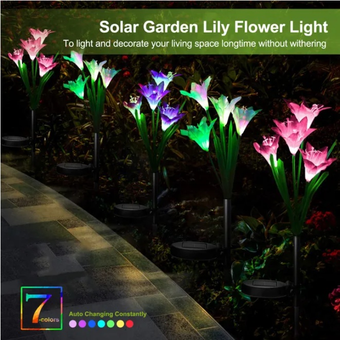 Solar Lily Flower Garden Lights - 2 Pack Outdoor LED