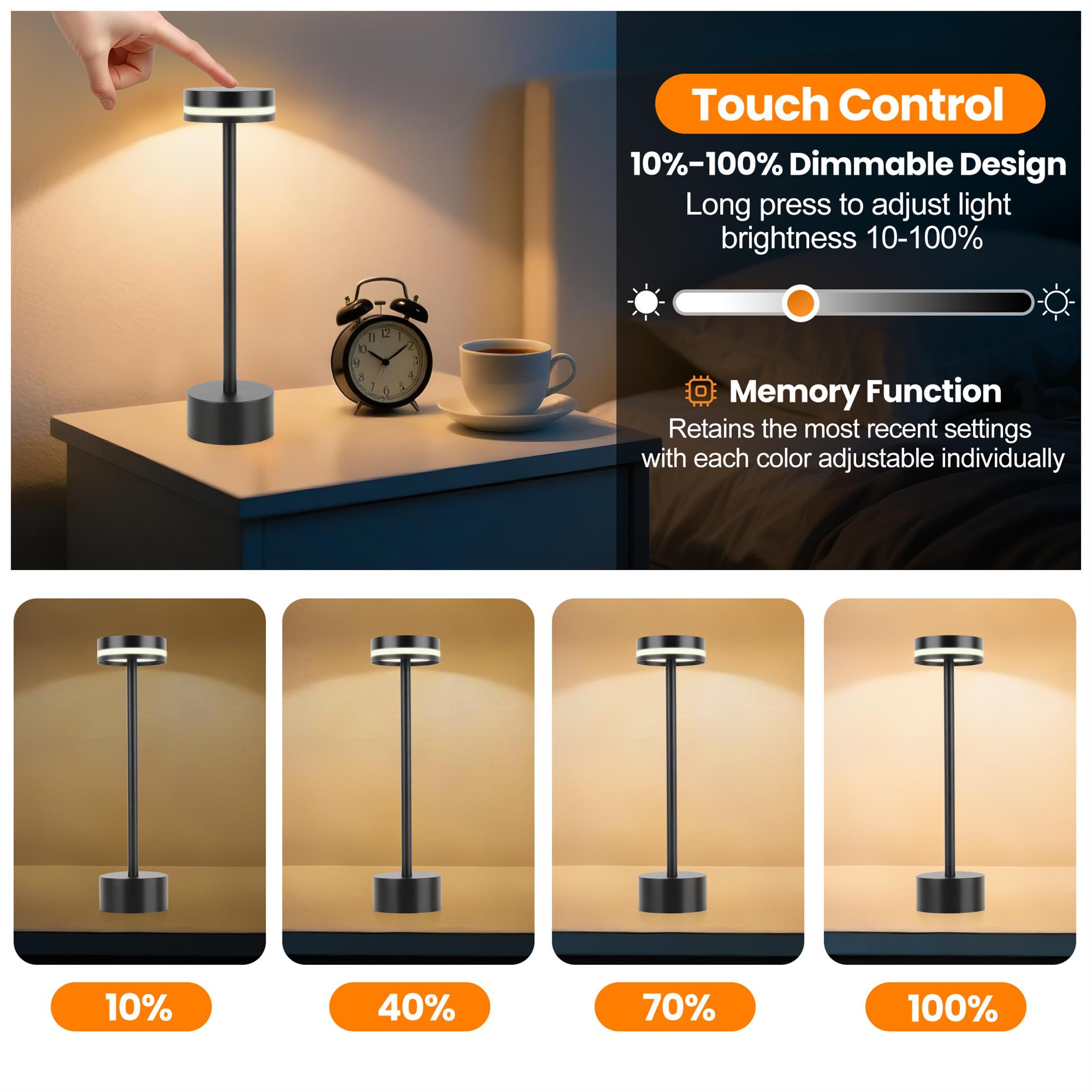 2pcs LED Cordless Table Lamp, 5000mAh Rechargeable Battery, 3 Color Modes Stepless Dimming Touch Lamp, Aluminum Portable Night Light, IP54 Waterproof Bedside Desk Lamp For Bedroom Dining Camping - Image 4