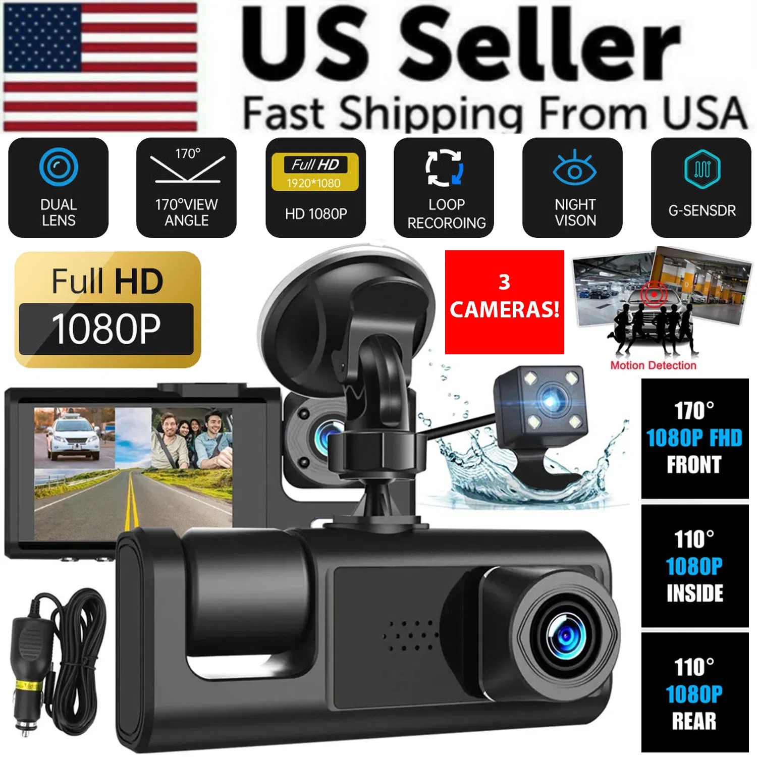 dash cam front and rear, 3 channel dash cam, car dash camera, 1080p dash cam, inside dash cam, g-sensor dash cam