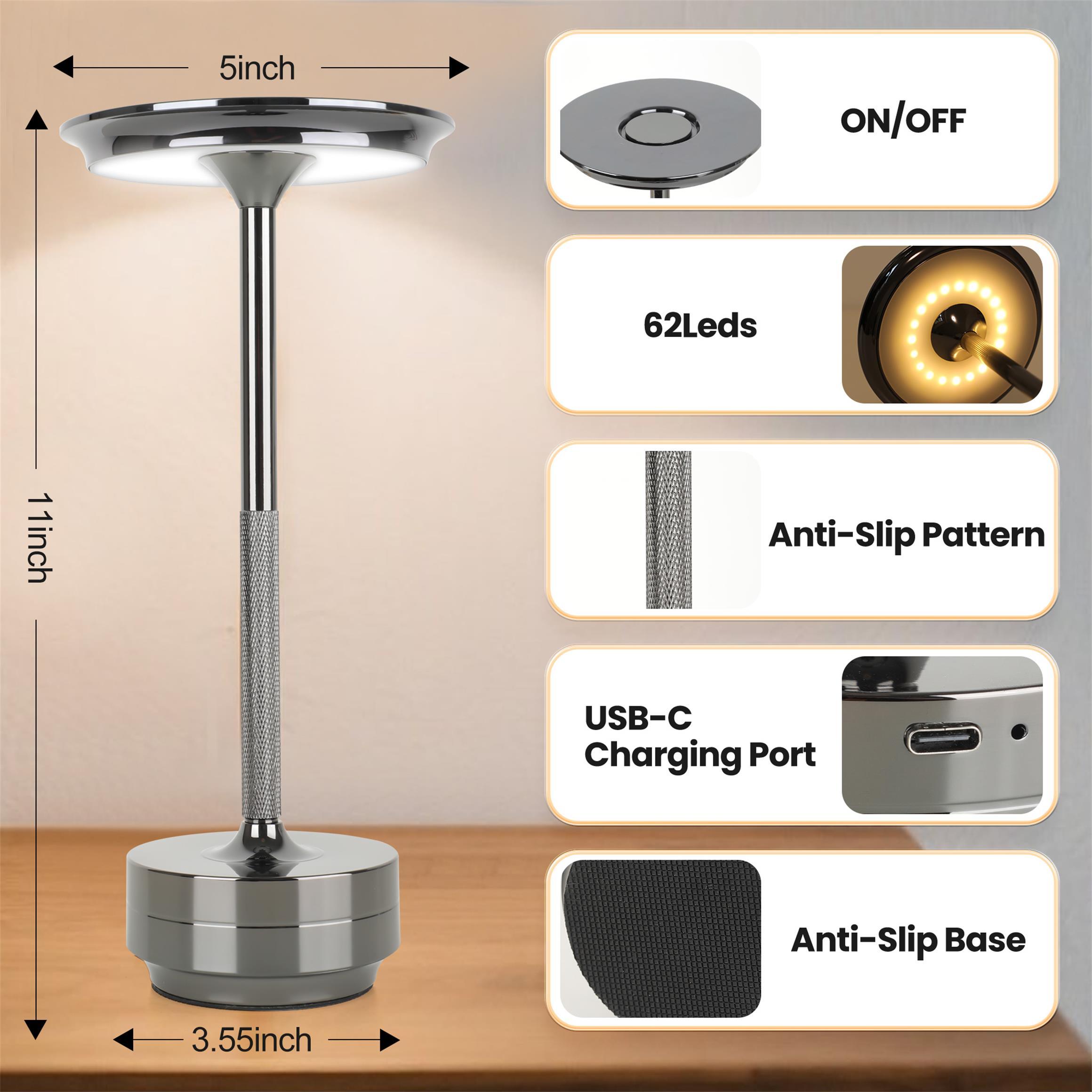 2pcs Rechargeable Cordless Table Lamp, 5000mAh Portable Wireless LED Lamp, 3 Color Modes Stepless Dimming Touch Lamp, Aluminum Alloy Bedside Desk Lamp For Bedroom Office Camping Dining - Image 5