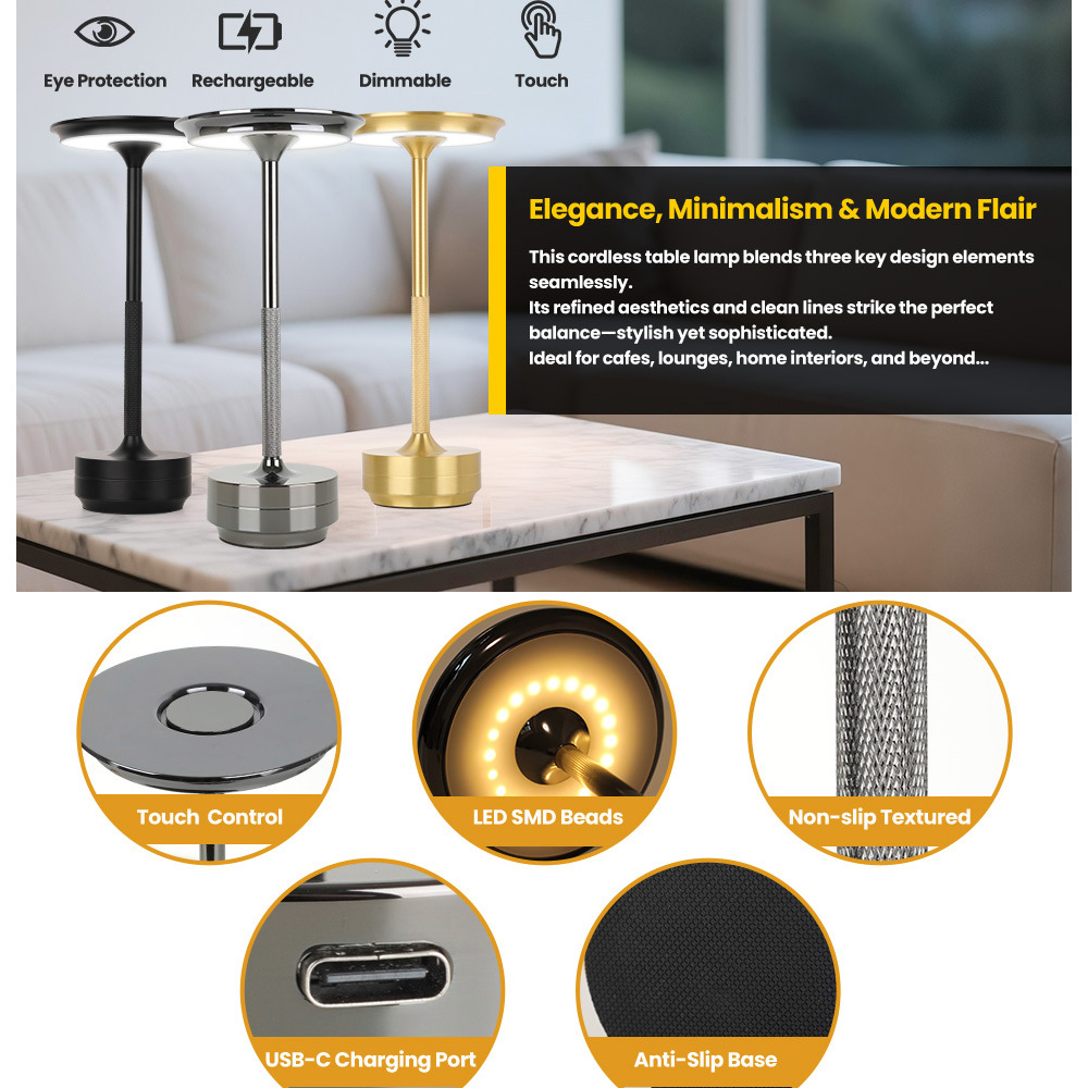 2pcs Rechargeable Cordless Table Lamp, 5000mAh Portable Wireless LED Lamp, 3 Color Modes Stepless Dimming Touch Lamp, Aluminum Alloy Bedside Desk Lamp For Bedroom Office Camping Dining - Image 8