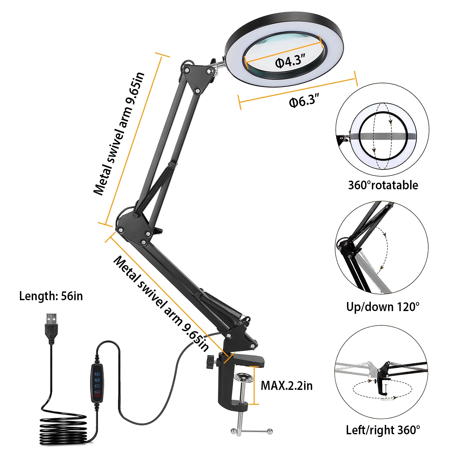 LED Magnifier Desk Lamp with Clamp - 8X Swing Arm - Image 4