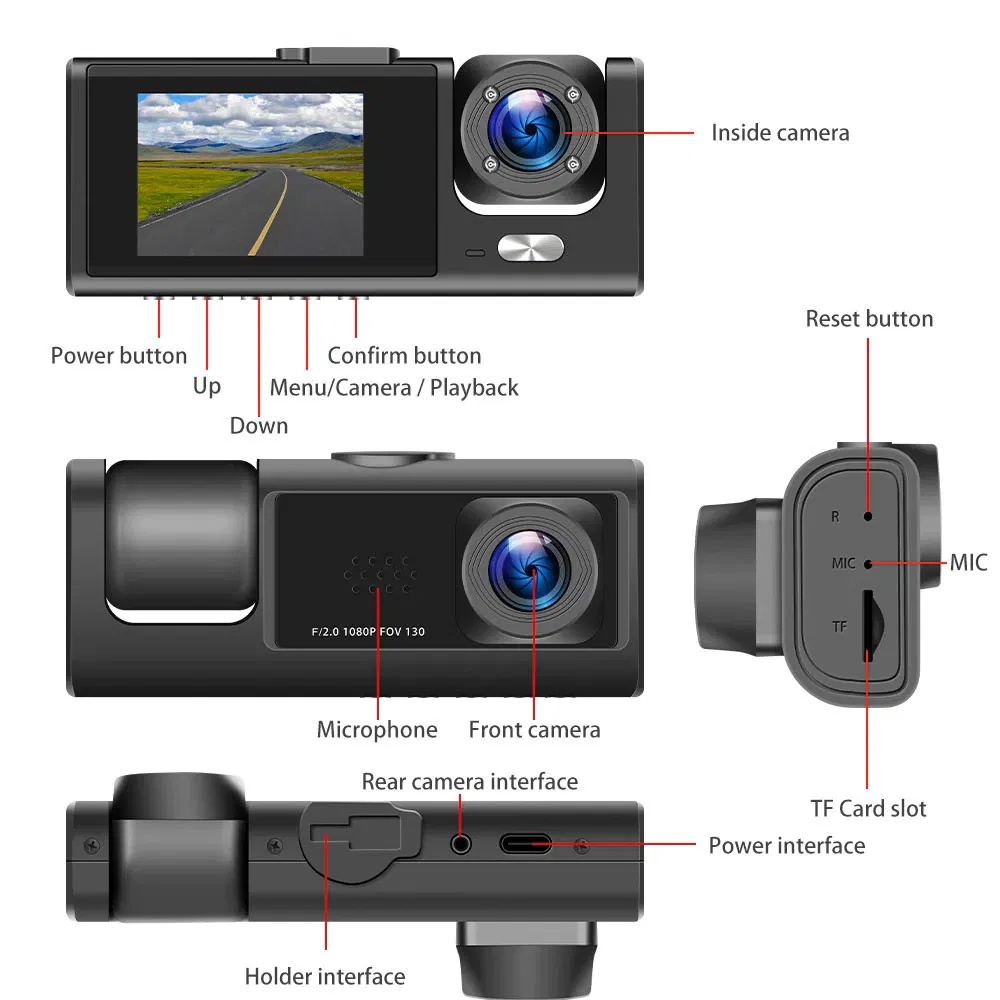 3-Channel Dash Cam 1080P - Front Rear Inside with G-Sensor - Image 4