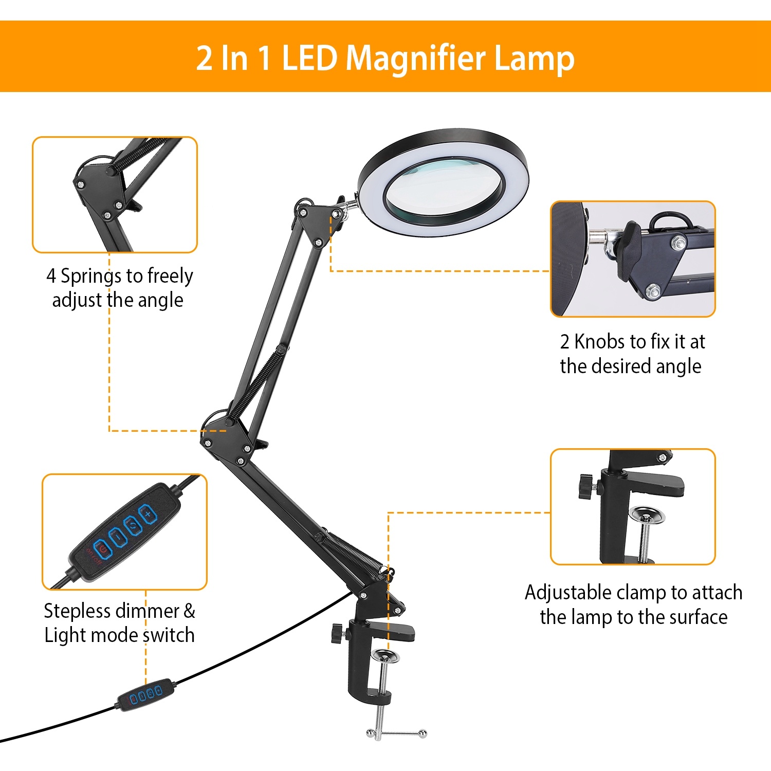 LED Magnifier Desk Lamp with Clamp - 8X Swing Arm - Image 6