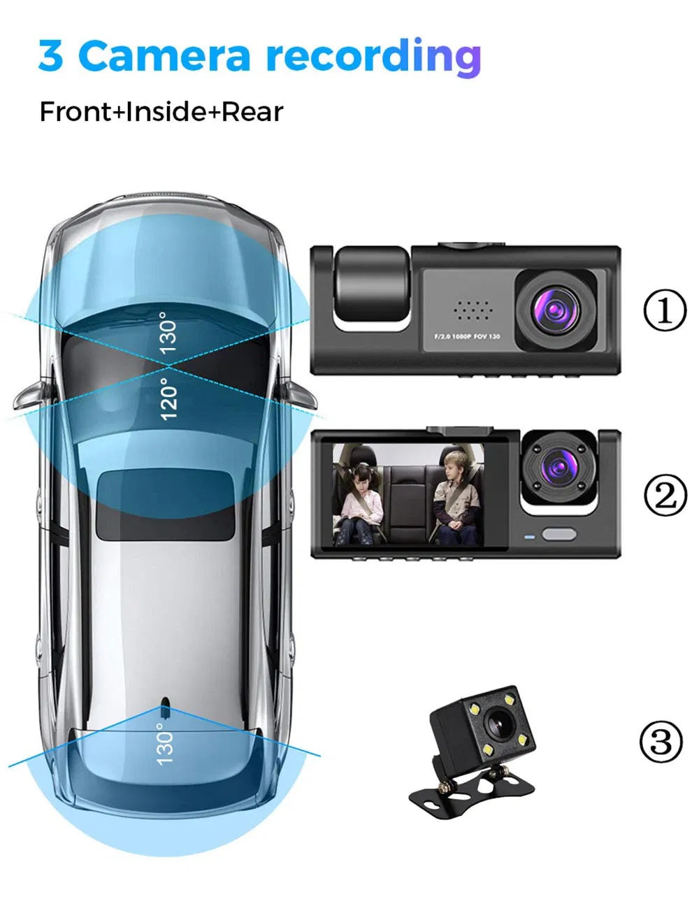 3-Channel Dash Cam 1080P - Front Rear Inside with G-Sensor - Image 9