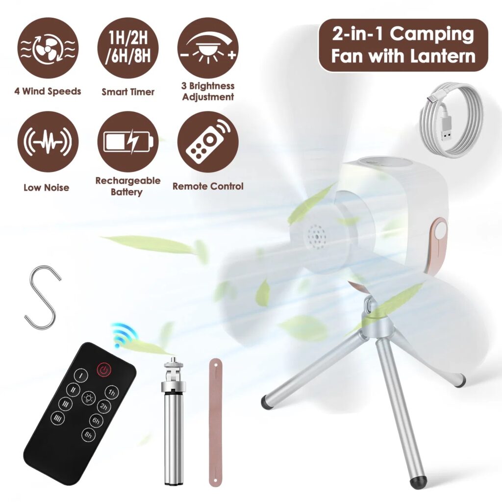 2-in-1 Rechargeable Camping Fan & LED Lantern – 7200mAh