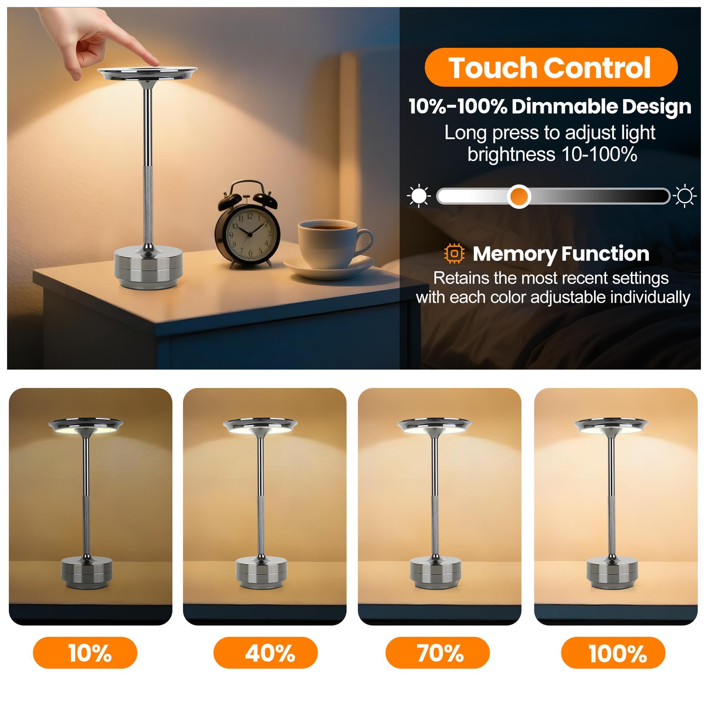 2pcs Rechargeable Cordless Table Lamp, 5000mAh Portable Wireless LED Lamp, 3 Color Modes Stepless Dimming Touch Lamp, Aluminum Alloy Bedside Desk Lamp For Bedroom Office Camping Dining - Image 7